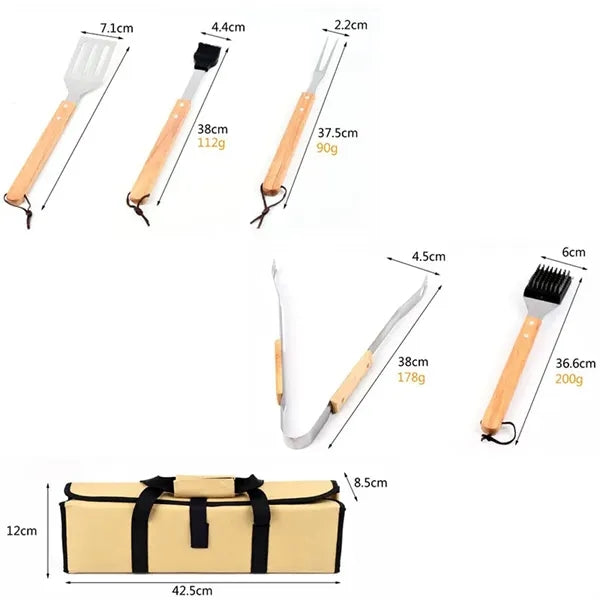 5Pcs BBQ Grill Tools Set With Wooden Handles
