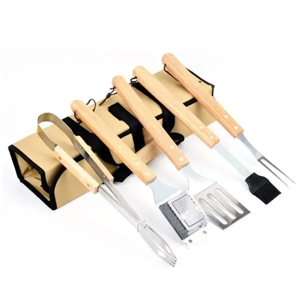 5Pcs BBQ Grill Tools Set With Wooden Handles