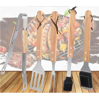 5Pcs BBQ Grill Tools Set With Wooden Handles