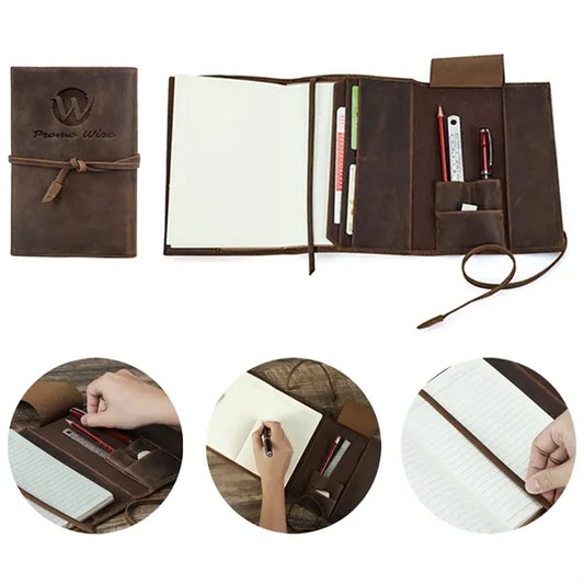 A5 Handmade Leather Padfolio Travel Notebook w/ Pen Slots