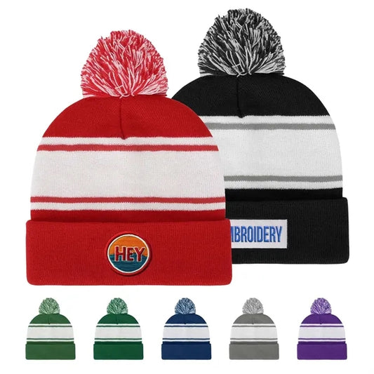 Two-Tone Cuffed Knit Beanie with Pom