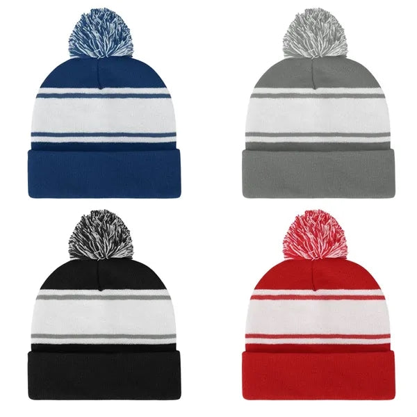 Two Tone Knit Pom Beanie with Cuff