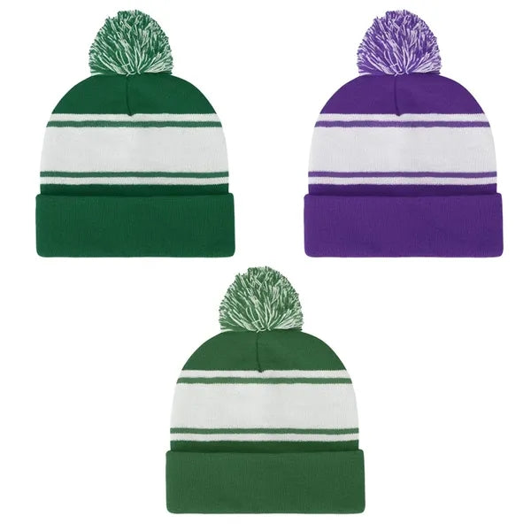Two Tone Knit Pom Beanie with Cuff