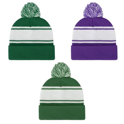 Two Tone Knit Pom Beanie with Cuff