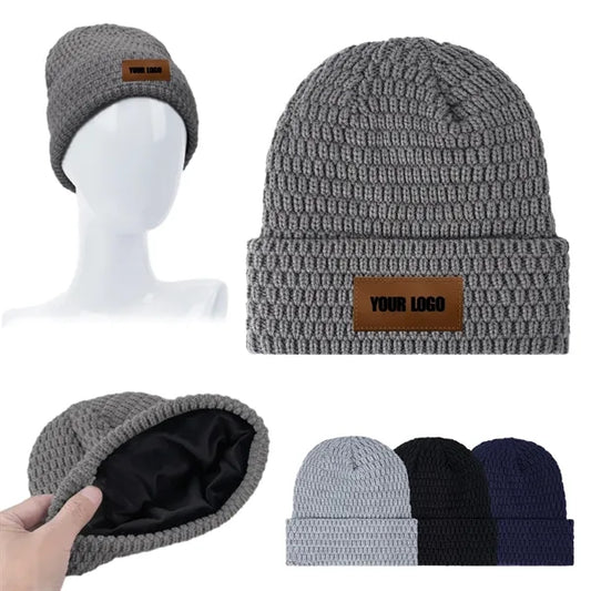 Fleece Lined Cuffed Beanie w/ Customized Leather Patch