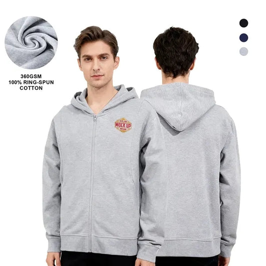 Unisex Cotton Full Zip Sweatshirt Hoodie w/ Hidden Pockets