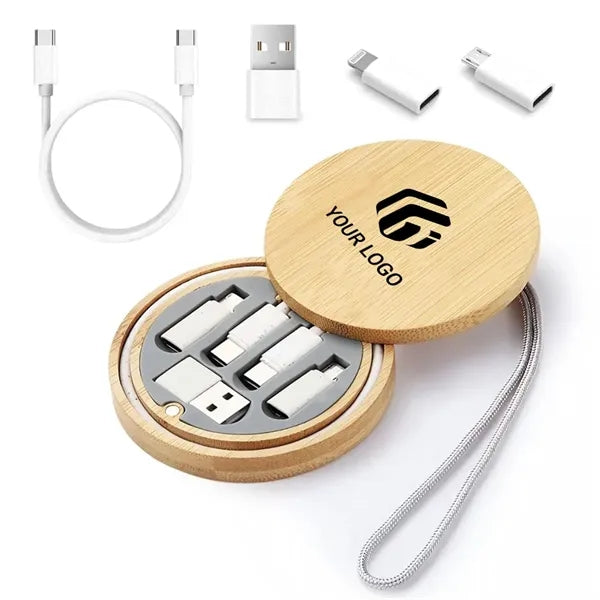 Portable travel 6-in-1 multi USB cable kit with bamboo case