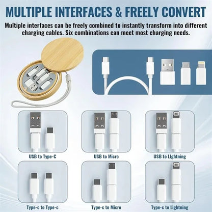 Portable travel 6-in-1 multi USB cable kit with bamboo case