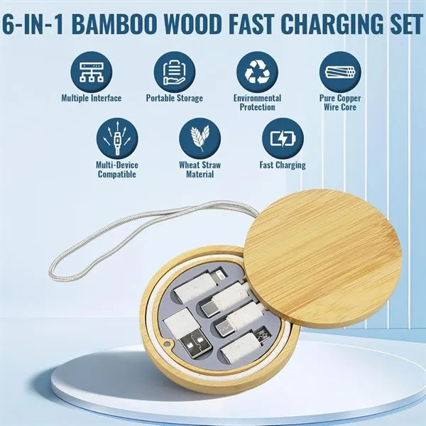 Portable travel 6-in-1 multi USB cable kit with bamboo case