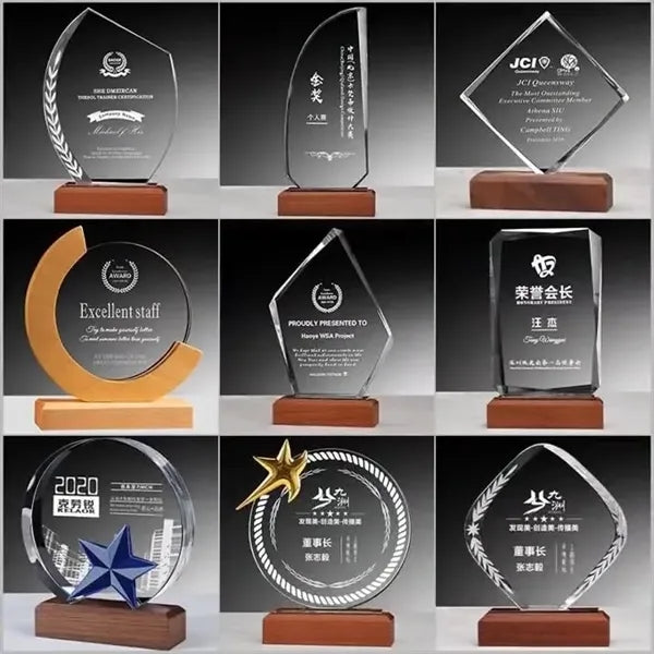 Custom Crystal Glass Award Tropy  with Wood Base