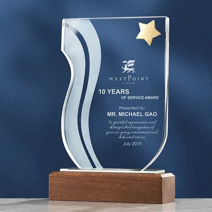 Custom Crystal Glass Award Tropy  with Wood Base