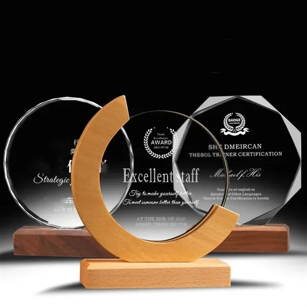 Custom Crystal Glass Award Tropy  with Wood Base