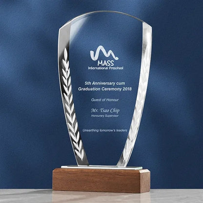 Custom Crystal Glass Award Tropy  with Wood Base