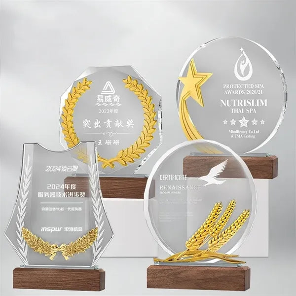 Custom Crystal Glass Award Tropy  with Wood Base