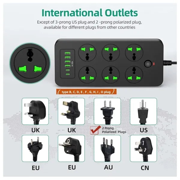 Universal Power Strip with 6 Outlets 4 USB 2 USB C Ports