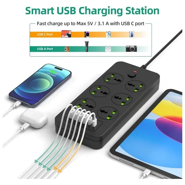 Universal Power Strip with 6 Outlets 4 USB 2 USB C Ports