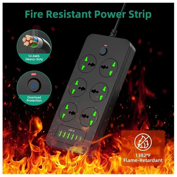 Universal Power Strip with 6 Outlets 4 USB 2 USB C Ports