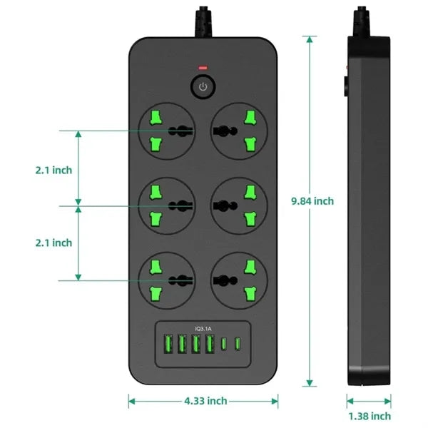 Universal Power Strip with 6 Outlets 4 USB 2 USB C Ports