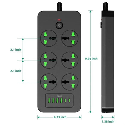 Universal Power Strip with 6 Outlets 4 USB 2 USB C Ports