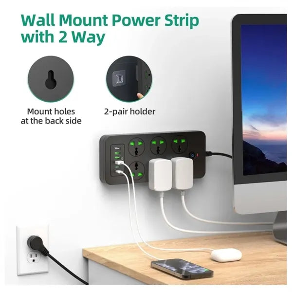 Universal Power Strip with 6 Outlets 4 USB 2 USB C Ports