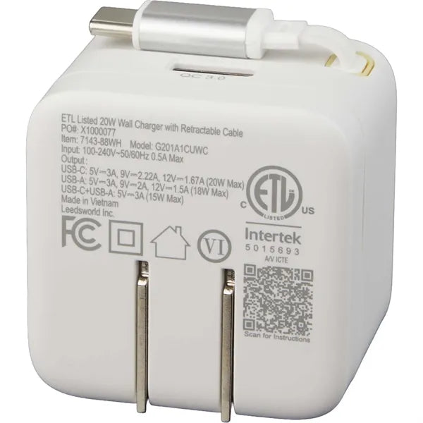 ETL Listed 20W Wall Charger with Retractable Cable