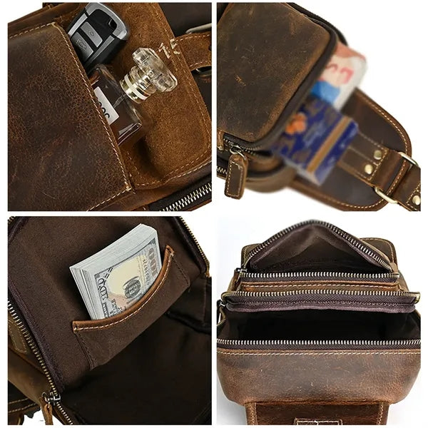 Outdoor travel vintage leather crossbody chest sling bag