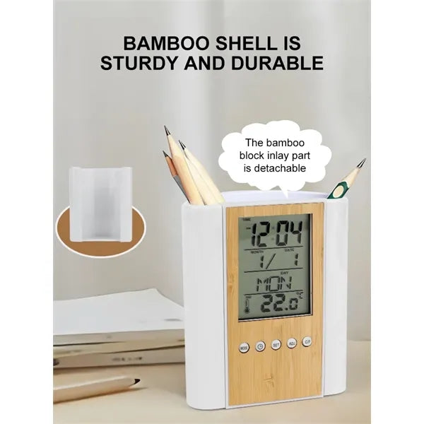 Bamboo Digital Pen Holder with Clock