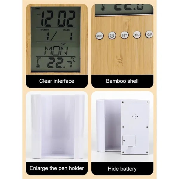 Bamboo Digital Pen Holder with Clock