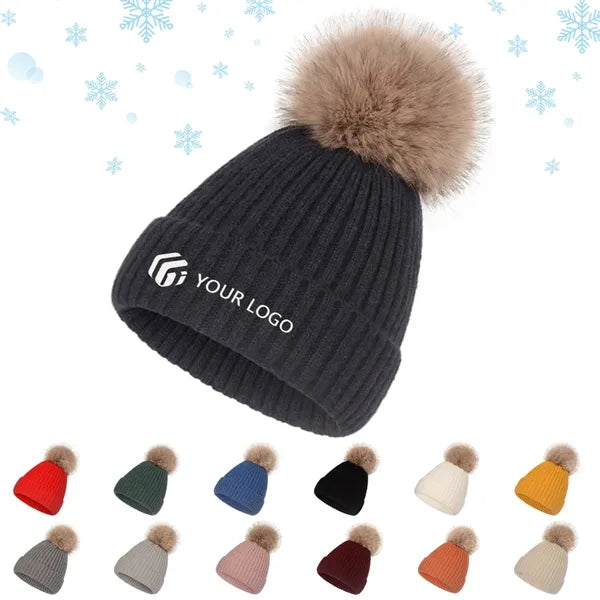 Warm soft winter women ski cap knitted beanie hat with pom