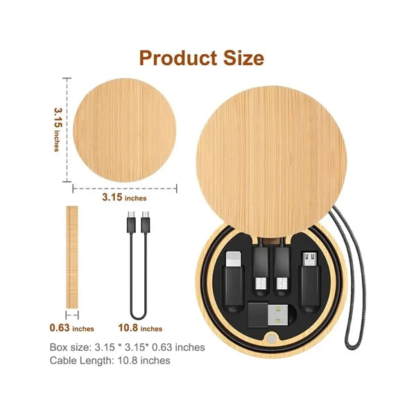 Round Bamboo Multi USB Charging Adapter Cable Kit