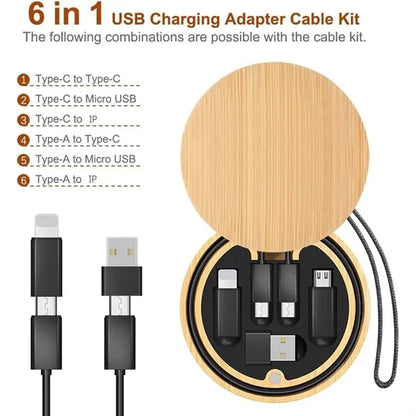 Round Bamboo Multi USB Charging Adapter Cable Kit