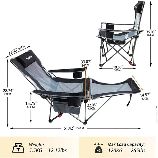 Reclining Camping Chair with Detachable Footrest & Headrest