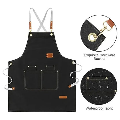 Chef Apron Adjustable Cross Back Large Pockets Waterproof
