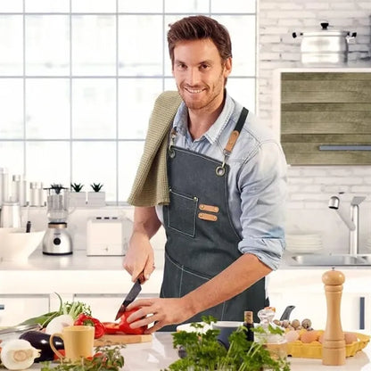 Chef Apron Adjustable Cross Back Large Pockets Waterproof