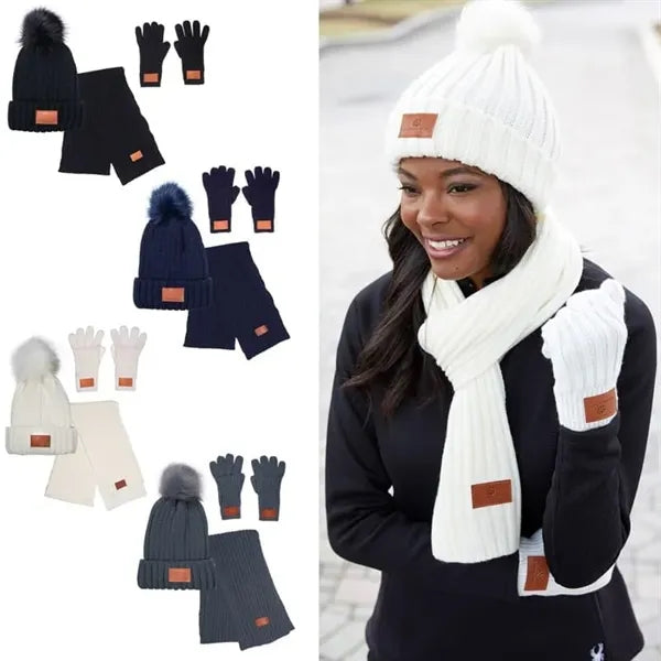 Leeman 3 Pc. Rib Knit Fur Pom Winter Set