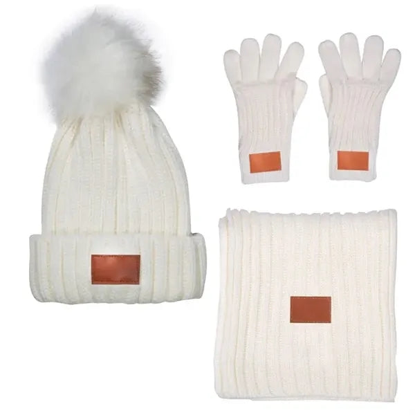Leeman 3 Pc. Rib Knit Fur Pom Winter Set
