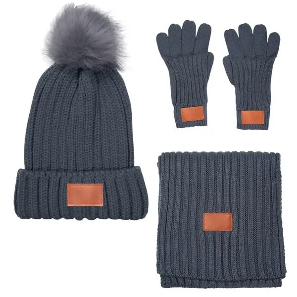 Leeman 3 Pc. Rib Knit Fur Pom Winter Set