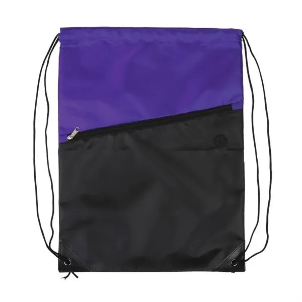 Two-Tone Poly Drawstring Backpack with Zipper Front Pocket