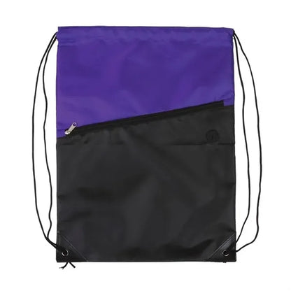 Two-Tone Poly Drawstring Backpack with Zipper Front Pocket