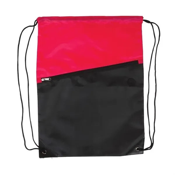 Two-Tone Poly Drawstring Backpack with Zipper Front Pocket