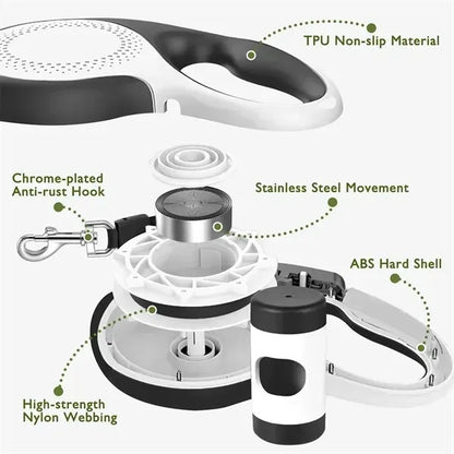 Retractable Dog Leash with Dispenser & Poop Bags