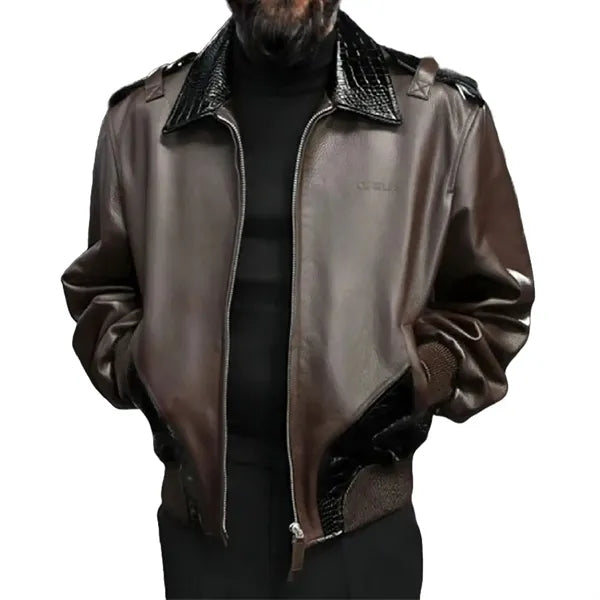 Luxe Croc-Trim Bomber Leather Jacket