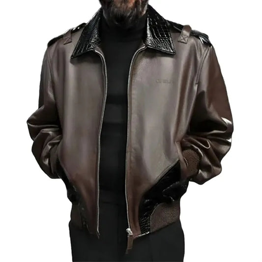 Luxe Croc-Trim Bomber Leather Jacket