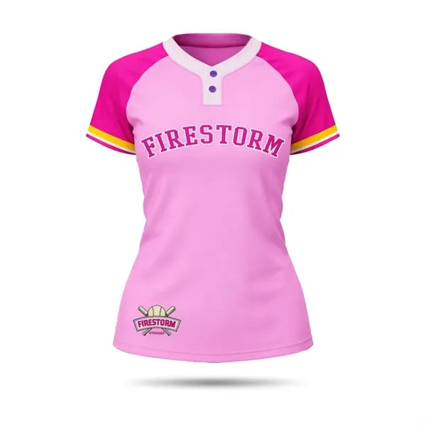 Women's 2 Button  Sublimated Baseball Jersey 150G Interlock