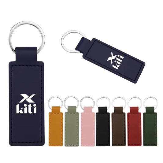 Rectangular PU Leather Keychain  Fob W/ Metal Ring
