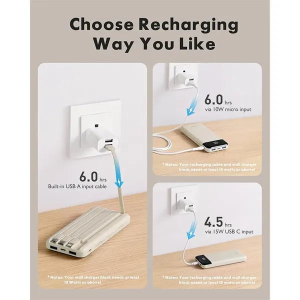 10000mAh Portable Charger with Built in Cables