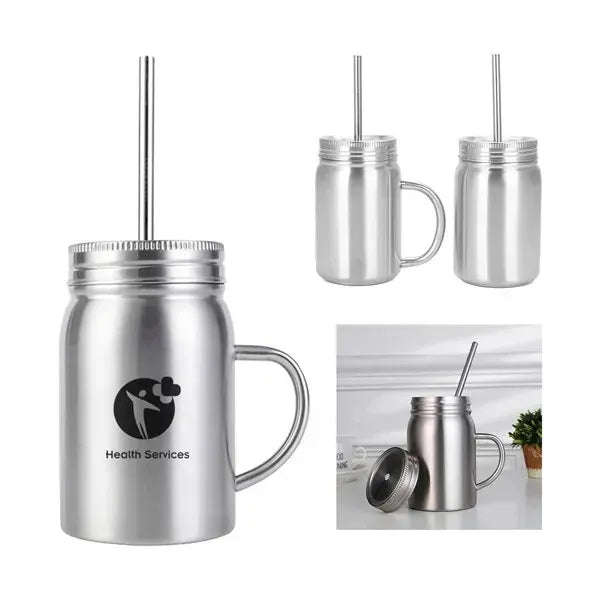 16oz Insulated Mason Jar with Handle, Lid & Straw
