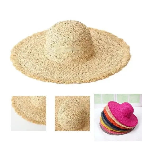 Wide brimmed raffia straw hat