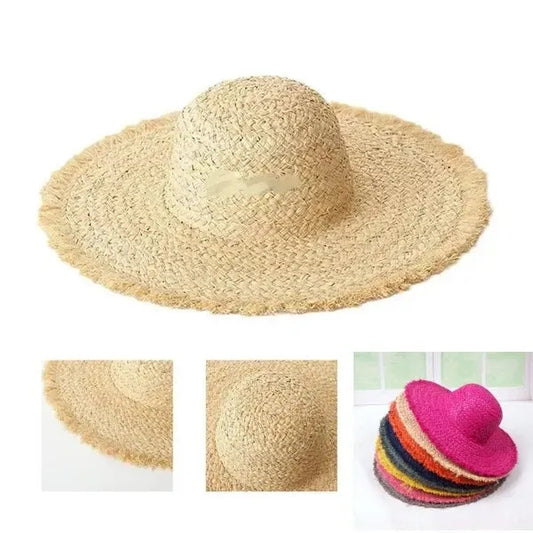 Wide brimmed raffia straw hat