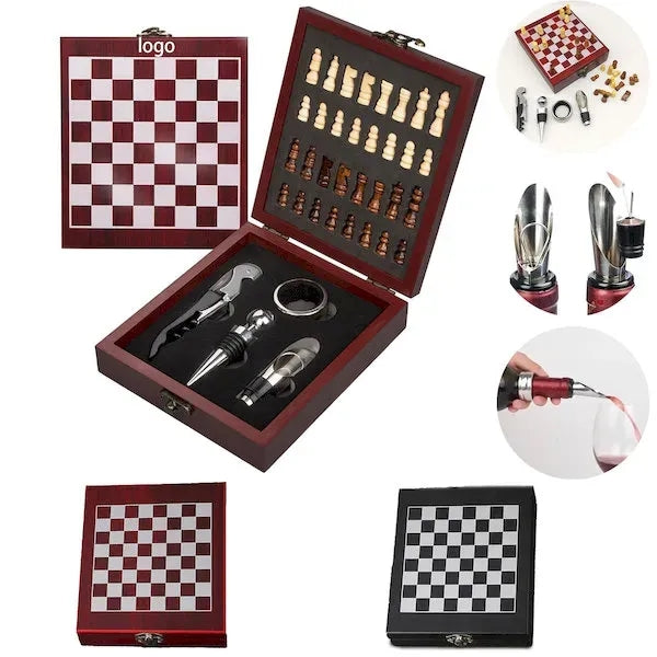 Wine Accessories & Chess Set in Black Wooden Box